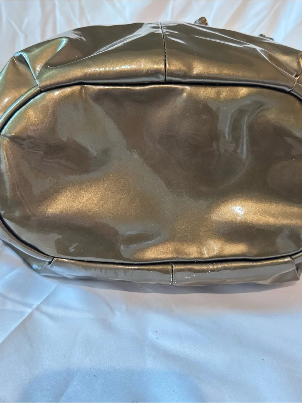 Coach Madison Marielle Drawstring Bucket Bag Gunmetal Olive Patent Leather Purse